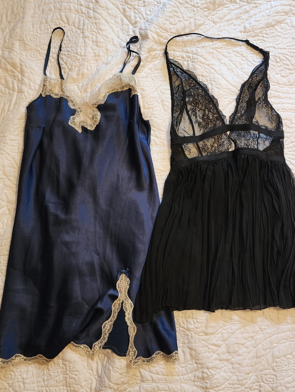 NWOT Victoria Secret Navy Satin Lace-Trim Slip and Black Lace Pleated Babydoll